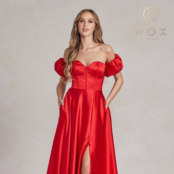 NEW LONG OFF THE SHOULDER STRAPLESS DRESS WITH REMOVABLE PUFF SLEEVES NX K1122